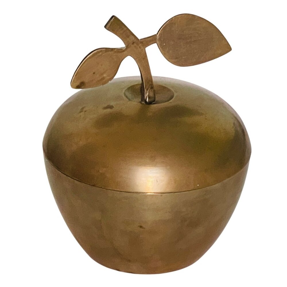 Vintage Brass Apple Container Trinket Box Candy Dish Leaf Handle Lid India 6"x5"